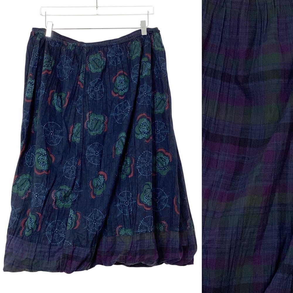GUDRUN SJODEN Reversible Bubble Hem Midi Skirt M Plaid Floral Cotton